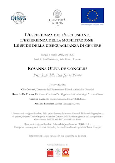 L’ESPERIENZA DELL’ESCLUSIONE, L’ESPERIENZA DELLA MOBILITAZIONE. LE SFIDE DELLA DISEGUAGLIANZA DI GENERE - ROSANNA OLIVA DE CONCILIIS Presidente della Rete per la Parità